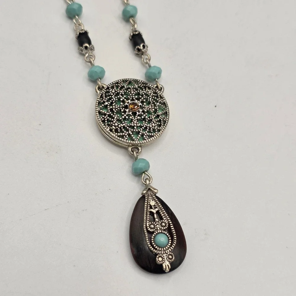 Vintage Napier Bohemian Filigree Mandala Turquoise Beaded Teardrop Necklace 18in